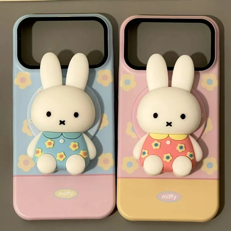 Miffy Kawaii Anime Cartoon Rabbit Mobile Phone Case Cute Flowers Skirt Magnetic Attraction Bracket For IPhone15/16/17promax