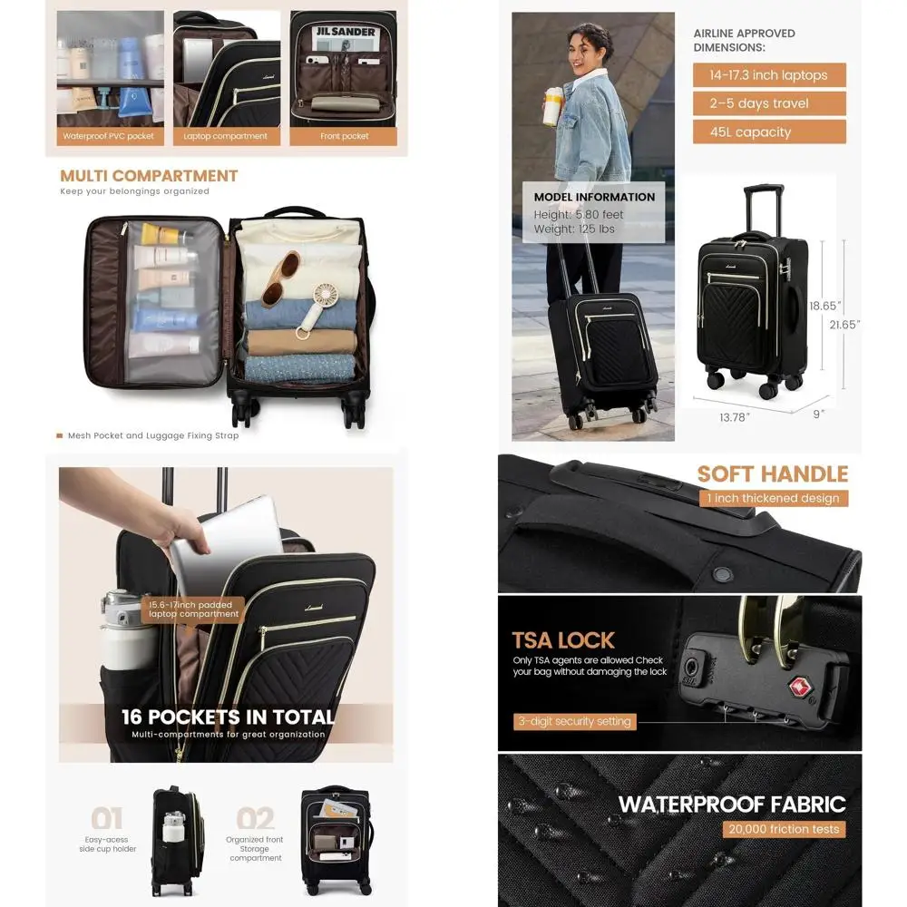 

Компактный чемодан Softside 20, с замком TSA, одобренный авиакомпанией, легкий чемодан на колесиках для путешествий