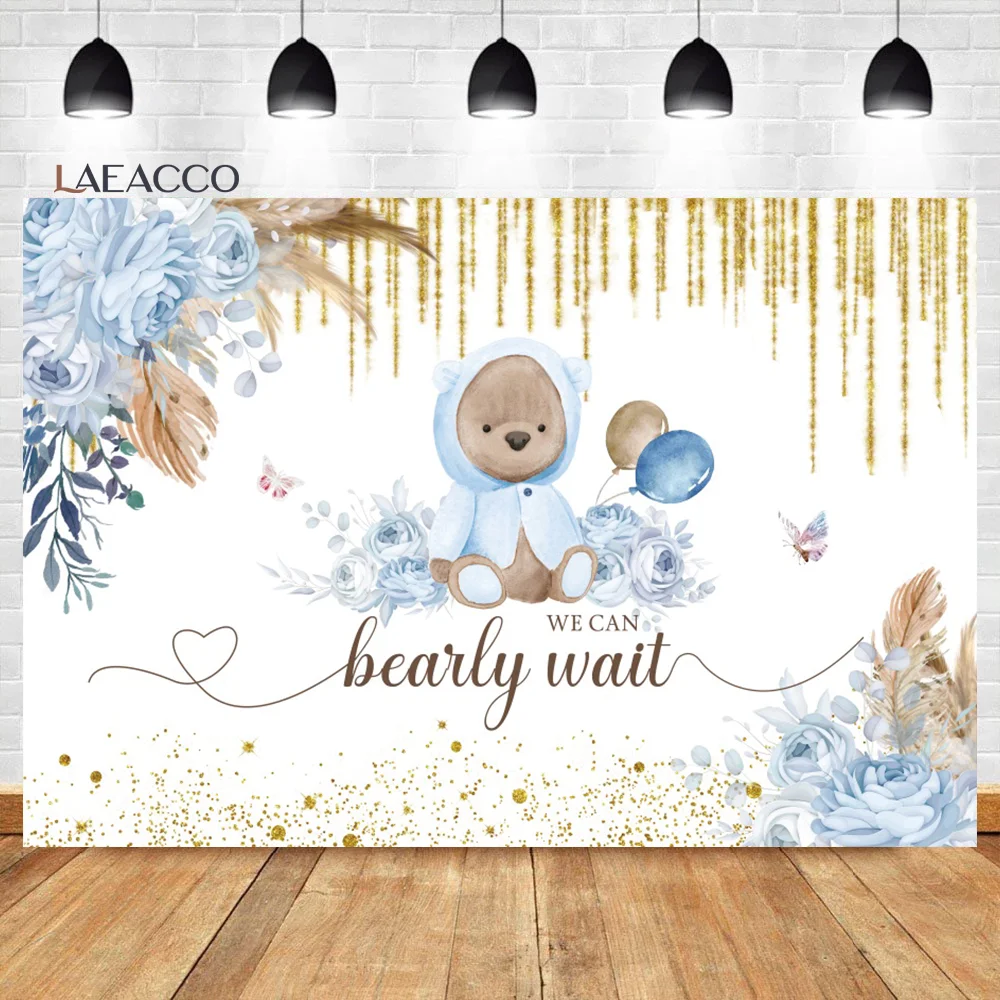 

Laeacco We Can Bearly Wait Bear Baby Shower Backdrop Glitter Gold Rainbow Kids Birthday Portrait Custom Photograpphy Background