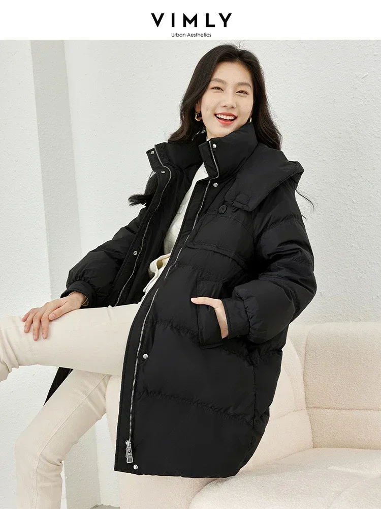 Vimly Black Long Down Jackets for Women 2023 Hooded Zipper Stand Collar Windproof Warm Women\'s Winter Coat Female Clothes 50612