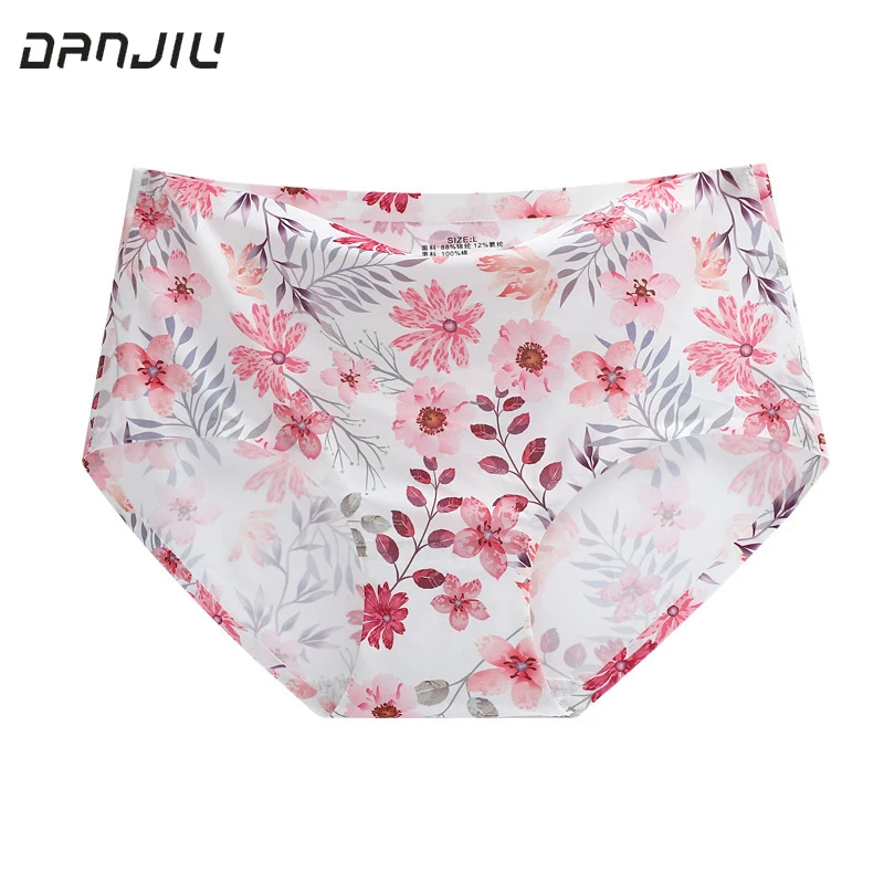 Ice Silk Middle Waist Seamless Women Cotton Crotch Underwear Summer Breathable Soft Flowers Print Panties Thin Cute Lovely