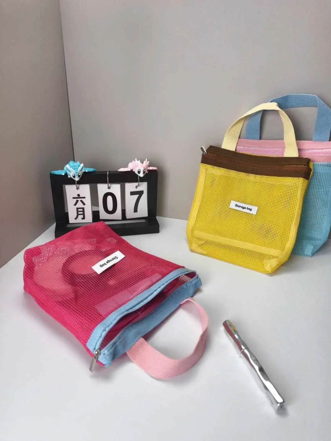 Homefish Foldable Mesh Cosmetic Bag Ins Style Bright Color Portable Women Summer Toiletry Storage Bag Beach Makeup Pouch