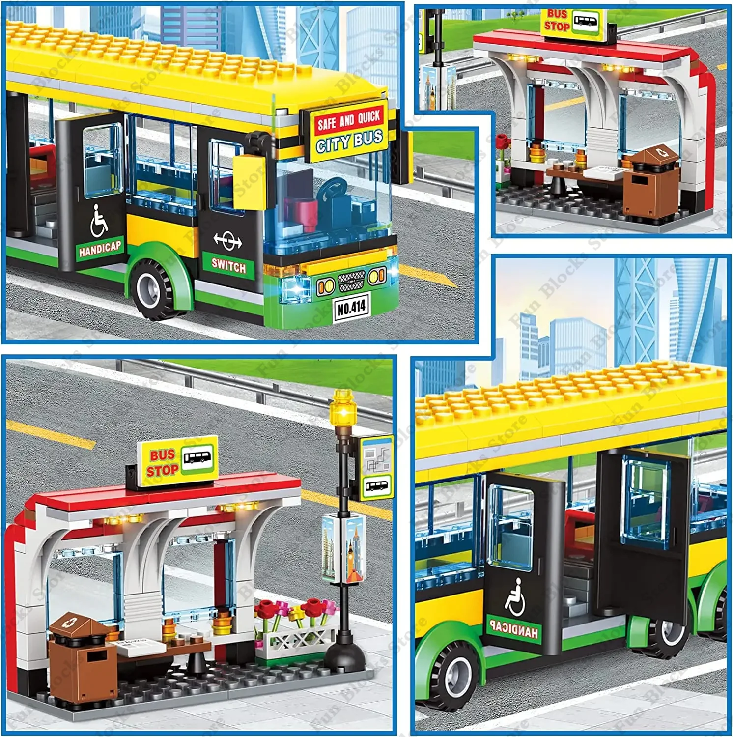 Hot City Car Yellow Passenger School Bus Station Public Vehicle Sets Figures Bricks Model Building Blocks DIY Toys for Boys Gift