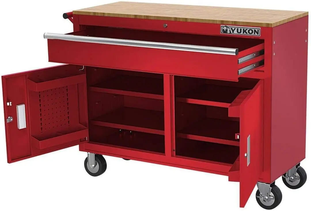 Yukon 46Inch Mobile Workbench With Solid Wood Top , Red