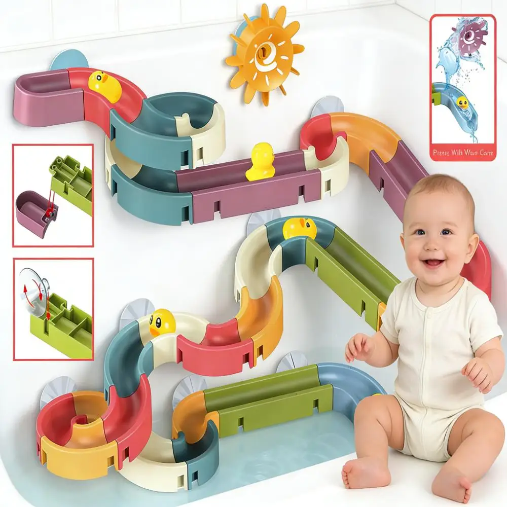 

Baby Bath Wall Toy Set Rainbow Shower Pipe Duck Slide Stackable Marble Track, Kids Water Play Bathtub Game Gift