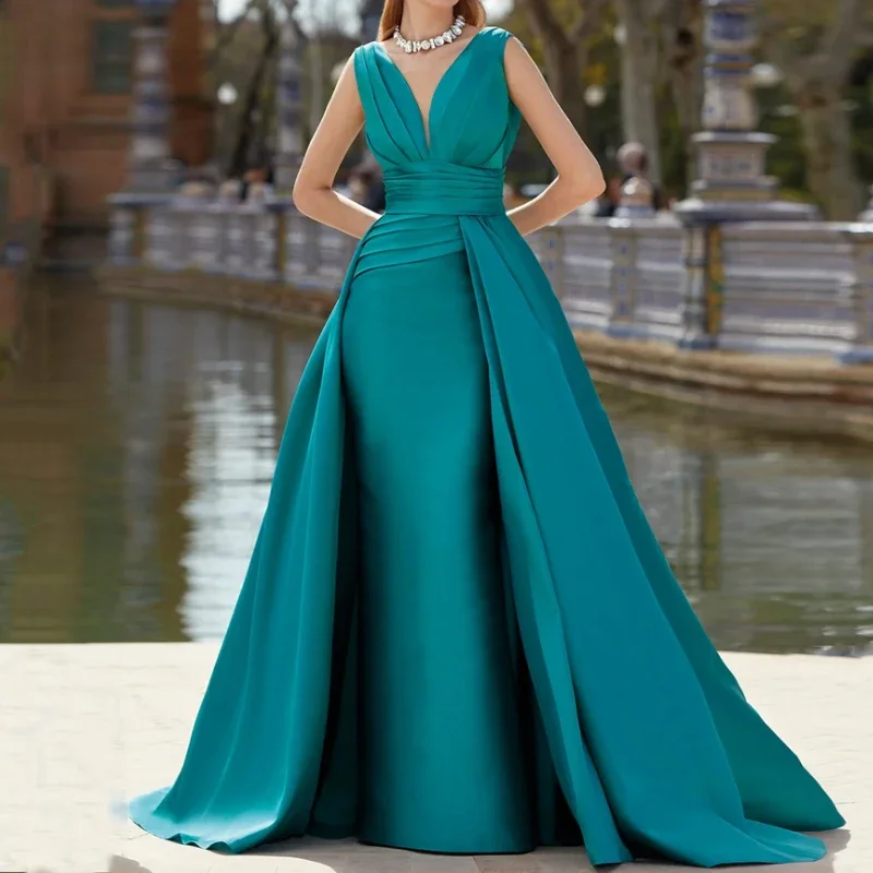 Customized New Fashion High End V Neck Sleeveless Formal Dresses Luxury Glossy Satin Ruched Slim Long Evening Gown Elegant Frenc