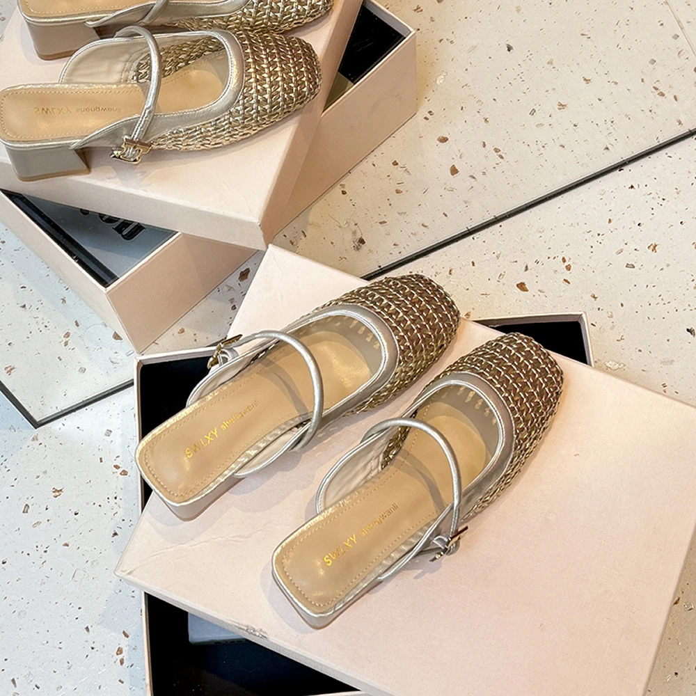 

2025 New Summer Fashion Low Heels Women Slippers Elegant Round Toe Buckle Strap Casual Ladies Mule Shoes