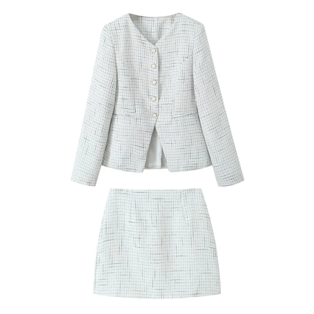 2024 French Style Retro V collar Plaid Woven Tweed Blazer + High Waist Mini Short Skirts Suits 2 pieces 1 Set Black White