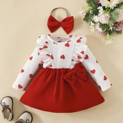 Valentine's Day Infant Baby Girl Spring Dress Kids Long Sleeve Heart Print Side Bow Dress with Headband 2pcs Set Toddler Clothes