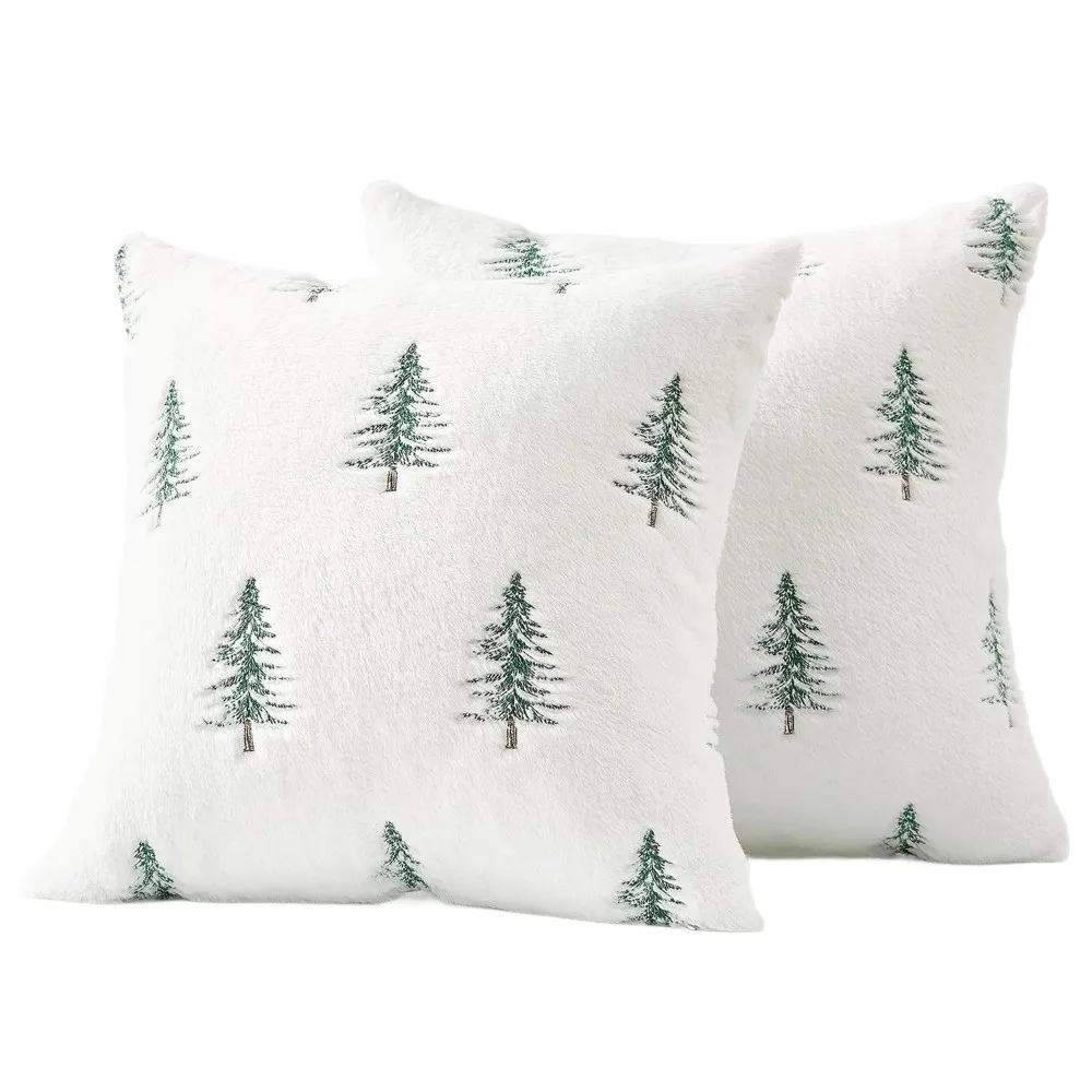 Soft Faux Rabbit Fur Throw Pillow Cover Christmas Tree Pattern Cozy Fluffy Pillowcase Home Decoration White Pillow Case