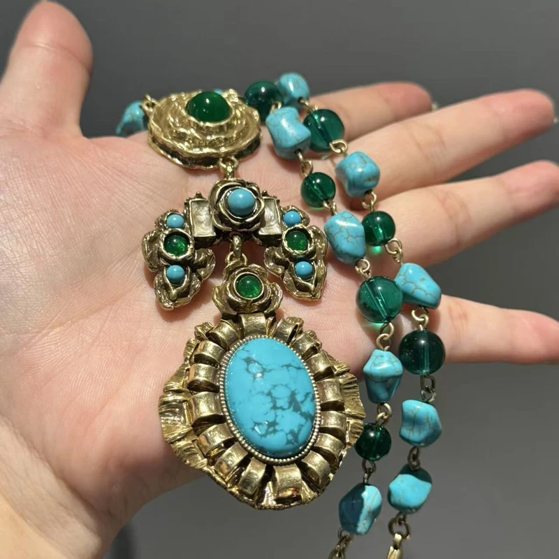 

Vintage Turquoise Pendant Necklaces for Woman Gold Color Bohemia Mediterranean Jewelry Anniversary Trends 2026 Accessories Charm
