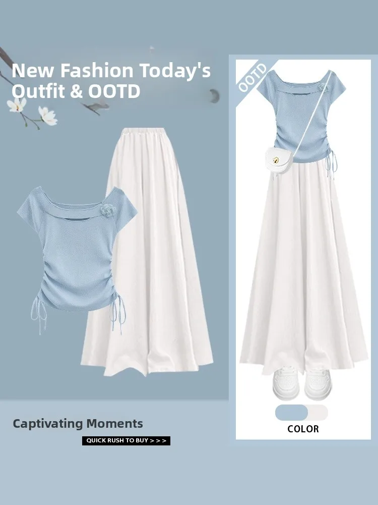 Korean Sle Slim Fit Women's T-irt Summer 2025 Faionable Design Casual Chic Waist-Cinching Top with f-length Skirt