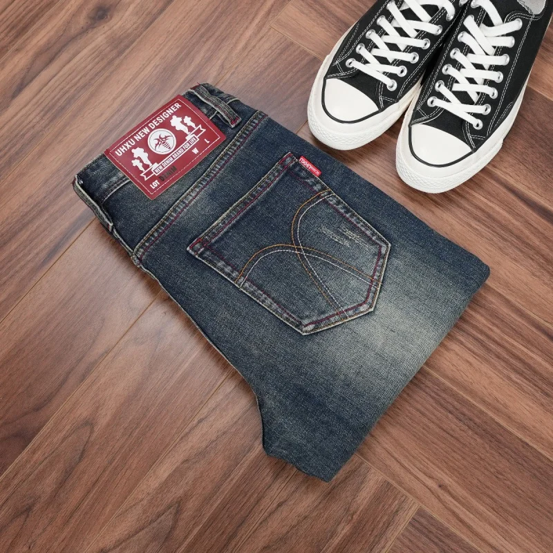 

Новые осенние мужские классические дизайнерские джинсы, винтажные синие, с эффектом сильной потертости, прямого кроя, универсальные мужские брюки.