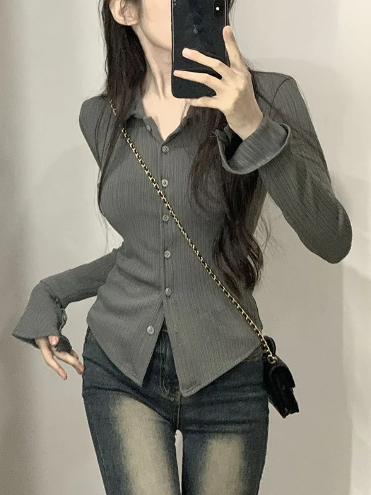 Solid Shirt Women Spring Pleated Strips Turn Down Collar Single Breasted Flare Sleeve Slim Fashion All-match Korean Style Cozy