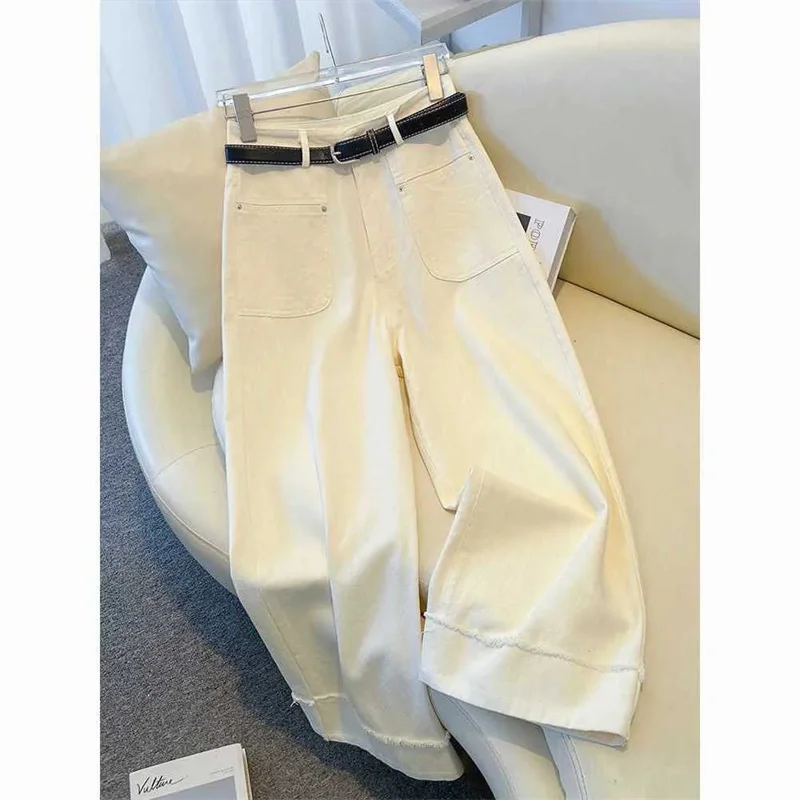 Retro Lady High Waist Narrow Jeans Summer Women Wide-leg Denim Pantalons Spring Female Roll Up Edge Straight Leg Cowboy Trousers