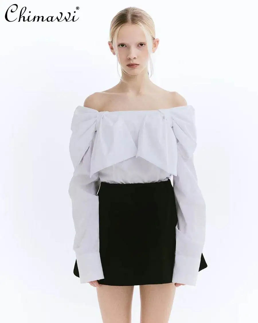 

Japanese Style Fashion Bow Off-shoulder Blouse 2026 Spring and Autumn New Sweet Girls Elegant Commute Shirt Women Tops