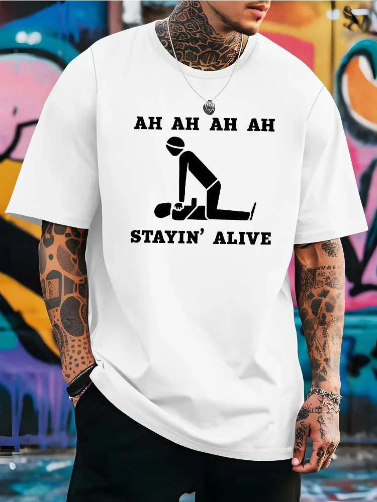 T-shirt en coton amusant pour hommes, motif 'Ah Ah Ah Ah Stayin Alive', à manches courtes, coupe ample, style streetwear, pour paramédicaux, infirmiers et professionnels de la santé, idéal pour l'été et le quotidien