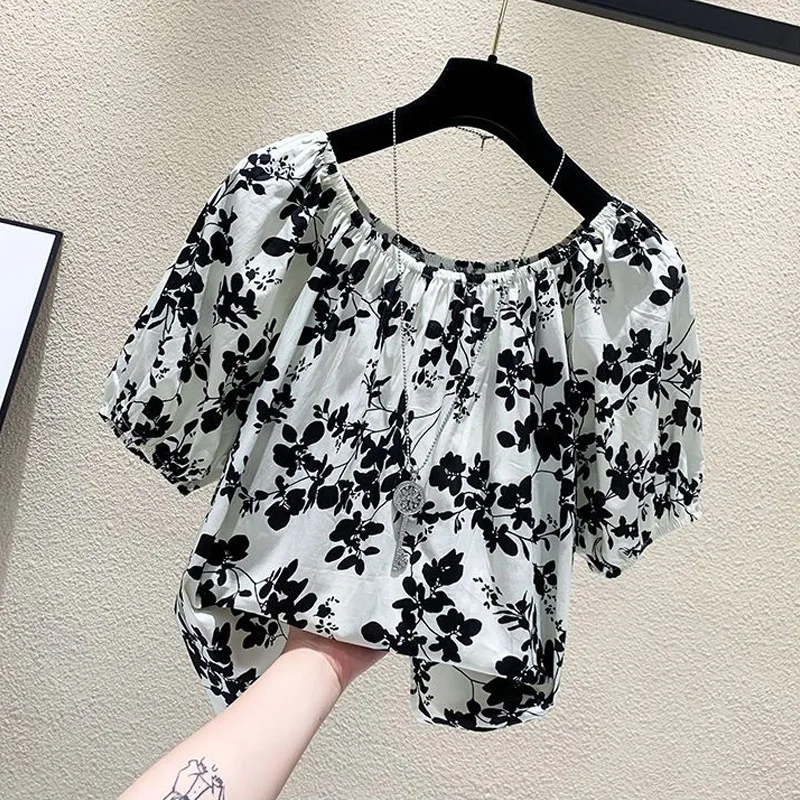 Floral Short Sleeve All-match Blouse Summer New Thin Print Chiffon Temperament Loose Shirt Tops Vintage Elegant Women Clothing