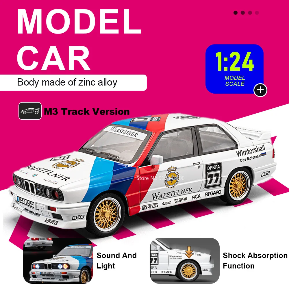 Modèle de voiture M3 M6 GT3 à l'échelle 1:24, portes ouvrables, effets sonores et lumineux, direction des roues avant, véhicule en alliage moulé sous pression, décorations pour hobby