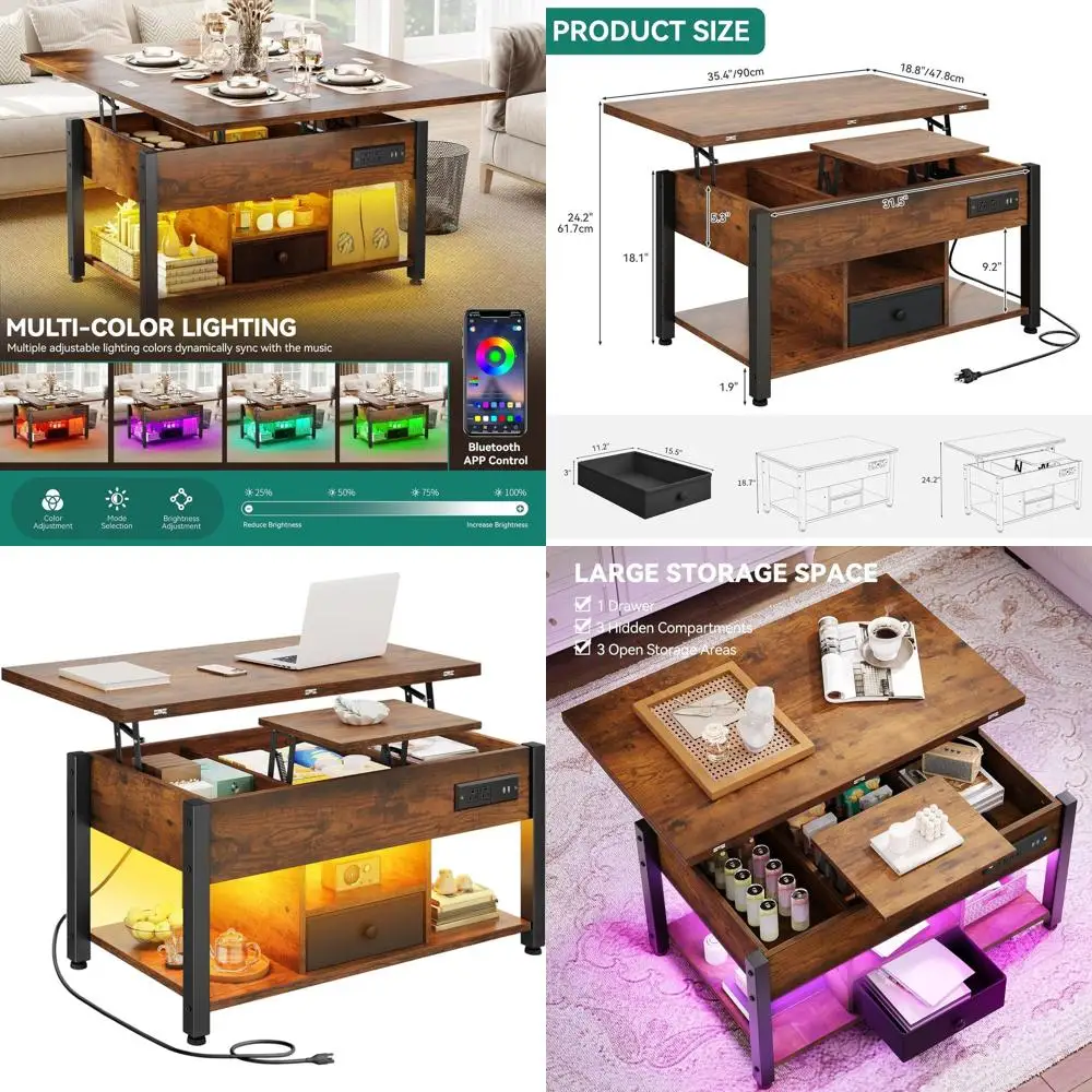 Multifunctional 4-in-1 Coffee Table with RGB Lighting, Power Outlets, Storage, and Dual Tops, Ideal for Dining, Gaming, and Offi