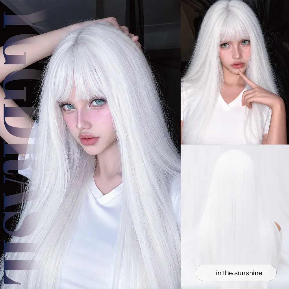 26Inch White Futuristic Style Synthetic Wigs With Bangs Long Natural Straight Hair Wig For Women Party Cosplay Heat Resistant
