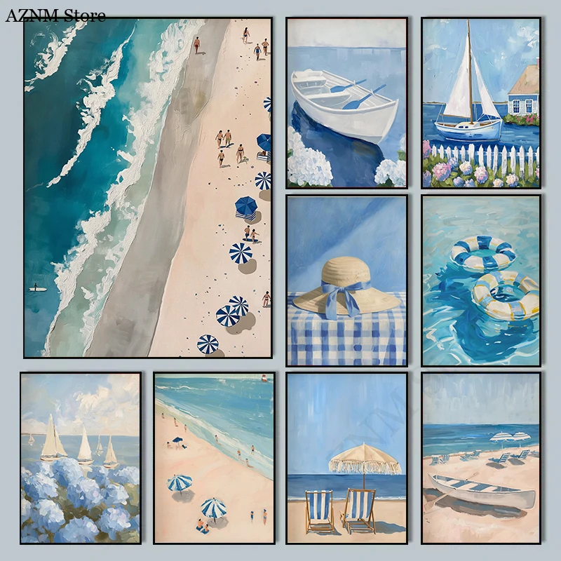 Blue Coastal Beach Sailboat Hydrangea Landscape Posters Prints Canvas Painting Wall Art Pictures Living Room Home Decor Cuadr