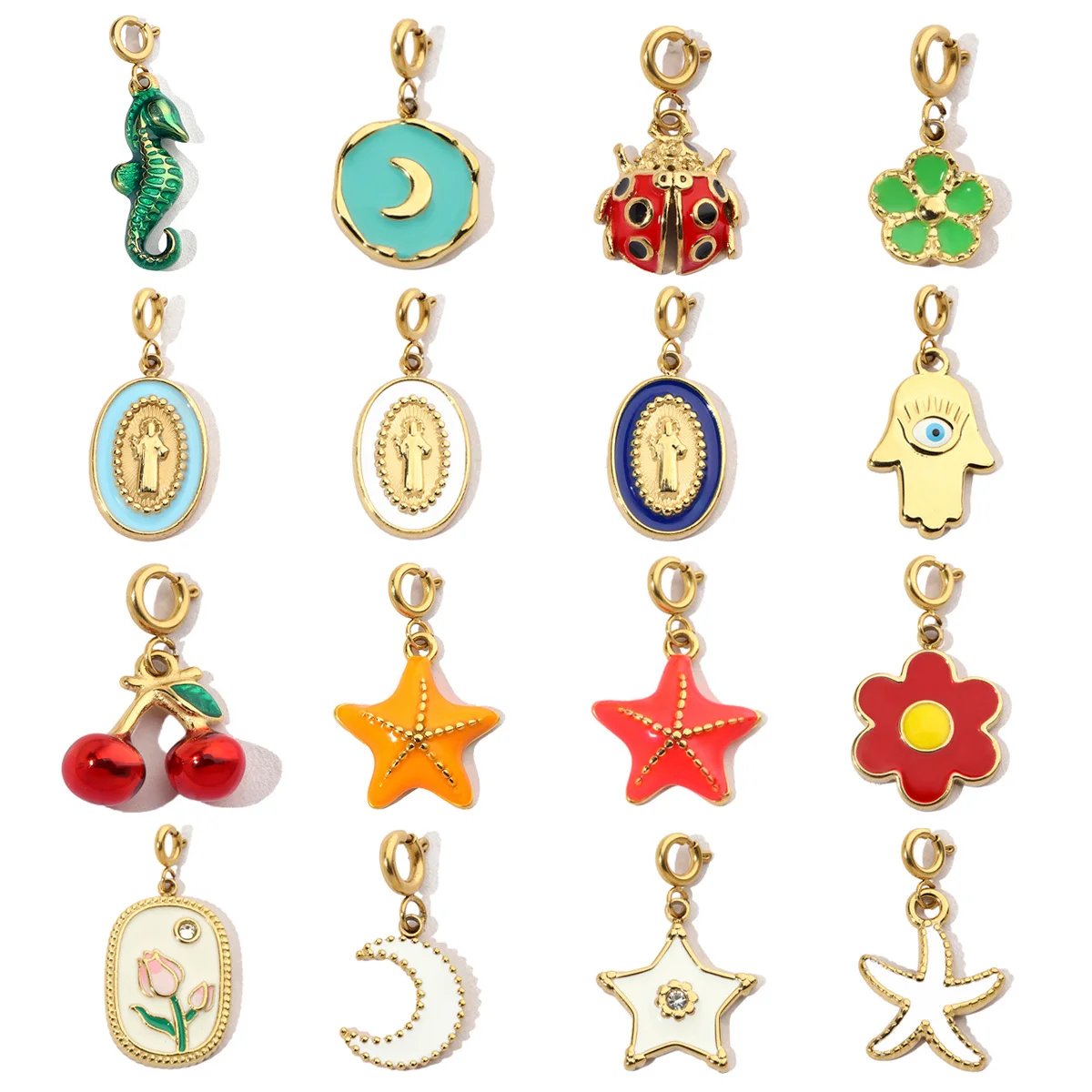 3Pcs/Lot Enamel Cherry Ladybug Stainless Steel Diy Clip On Charms Women Goddess Starfish Moon Bracelet Necklace Lobster Pendant