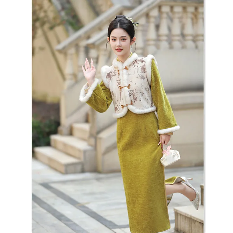 Europeu algodão veludo jacquard e forro de lã engrossado seção longa invertida manga grande cheongsam qi pao inverno novo jovem