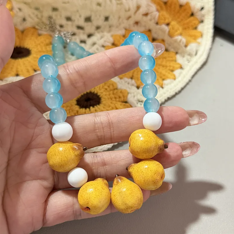 3D Fruit Simulation Strawberry Lemon Bead Necklace with Sparkling Glass Beads Cute Exaggerated Jewelry Gift - view 2