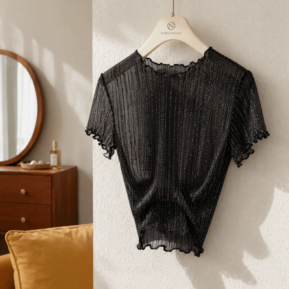 Nylon Silver Thread Lace Top Semi-sheer Mesh Fabric Lace Camisole Dress Inner Short Sleeve Layering See Through Shirt Women
