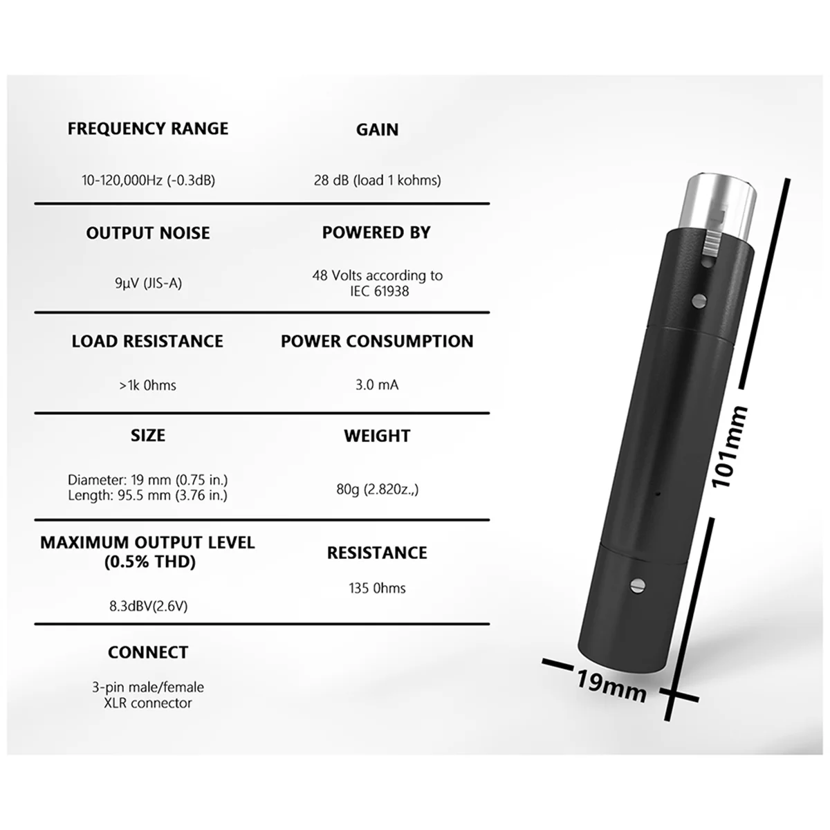 Adattatore di alimentazione Phantom XLR 3Pin 48V professionale per microfono dinamico adattatore preamplificatore guadagno 28Db