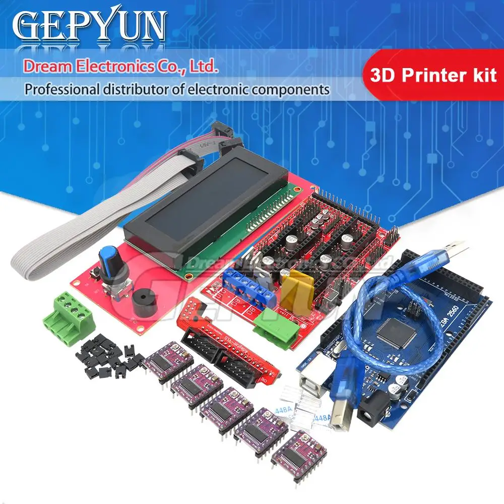 3D Printer kit Mega 2560 R3 CH340+1pcs RAMPS 1.4 Controller+5pcs A4988/DRV8825 Stepper Driver Module+1pcs LCD 2004 controller