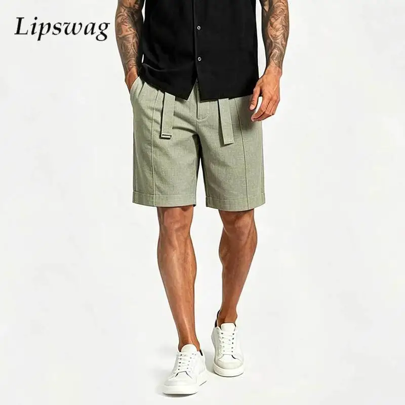Fashionable Lace-up Straight Shorts Mens 2026 Spring Summer New Casual Solid Color Breathable Shorts Beach Vintage Men Shorts