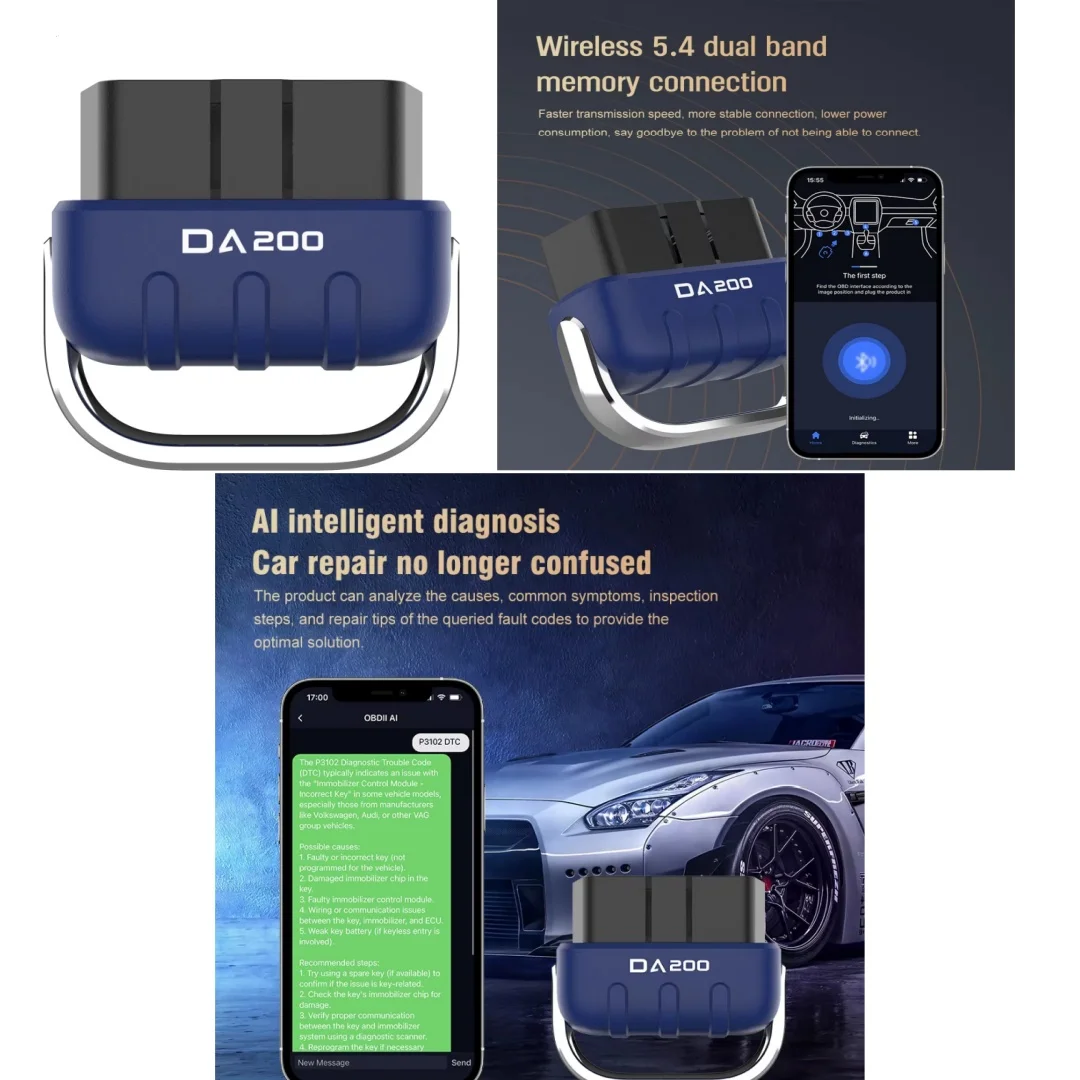 

Автомобильный диагностический инструмент DA200 OBD2: режим 6/8, считыватель кодов неисправностей, чип Bluetooth 4.0/5.4, 25K80, тестер батареи + бесплатное приложение