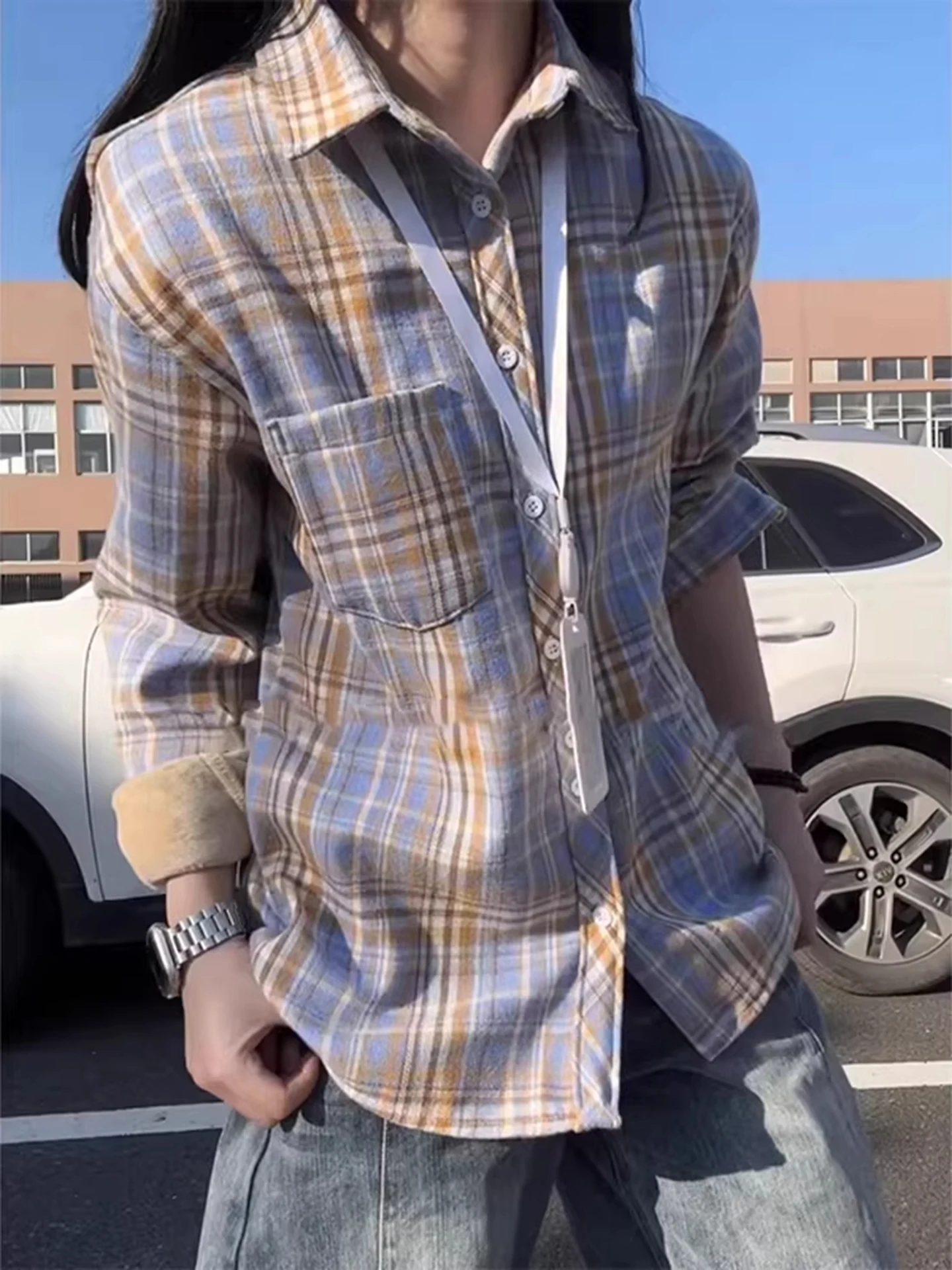 

Thiened Fce Long Sve Plaid irt Men's Casual Sle Warmth College Sle Yellow id Patterned Coat for Autumn Winter