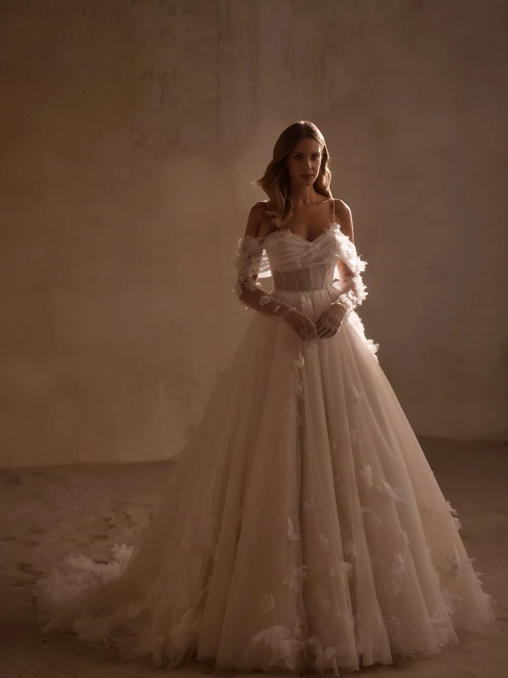 Elegant Ball Gown Wedding Dress Off-the-Shoulder Tulle 3D Floral Decor Fitted Waist Ethereal Romantic Bridal Gown For Bride