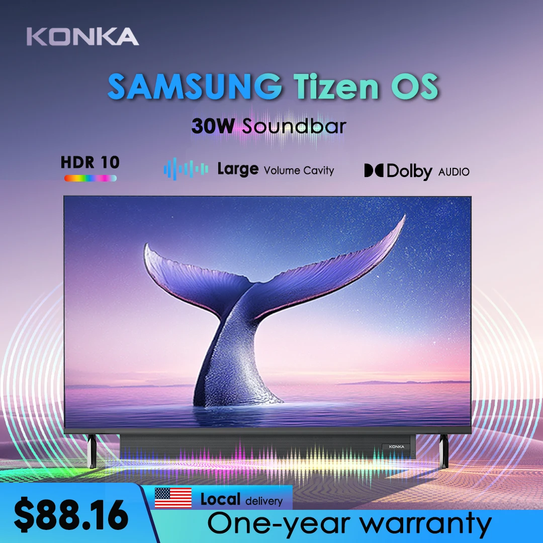 

KONKA 32-дюймовый Smart TV 30 Вт Саундбар HDR10 V-Max Дисплей Театральное аудио Динамический звук Телевизор Tizen OS от SAMSUNG Гарантия 1 года