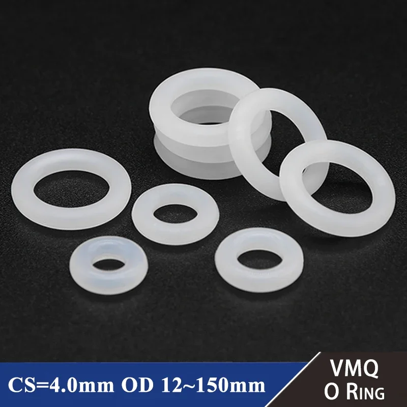 Anel-O do silicone do produto comestível, gaxeta branca, CS, 4mm, OD, 12-150mm, arruela impermeável, círculo, forma, VMQ, 10 Pcs, 50Pcs