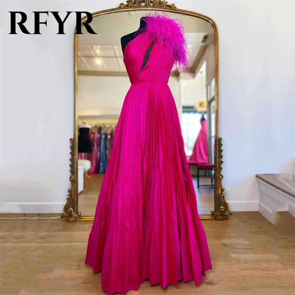 RFYR Fuchsia Ballkleider Ausschnitt A-Linie Abendkleider One Shoulder Satin Partykleid Bodenlangen Federn Vestidos De Noche