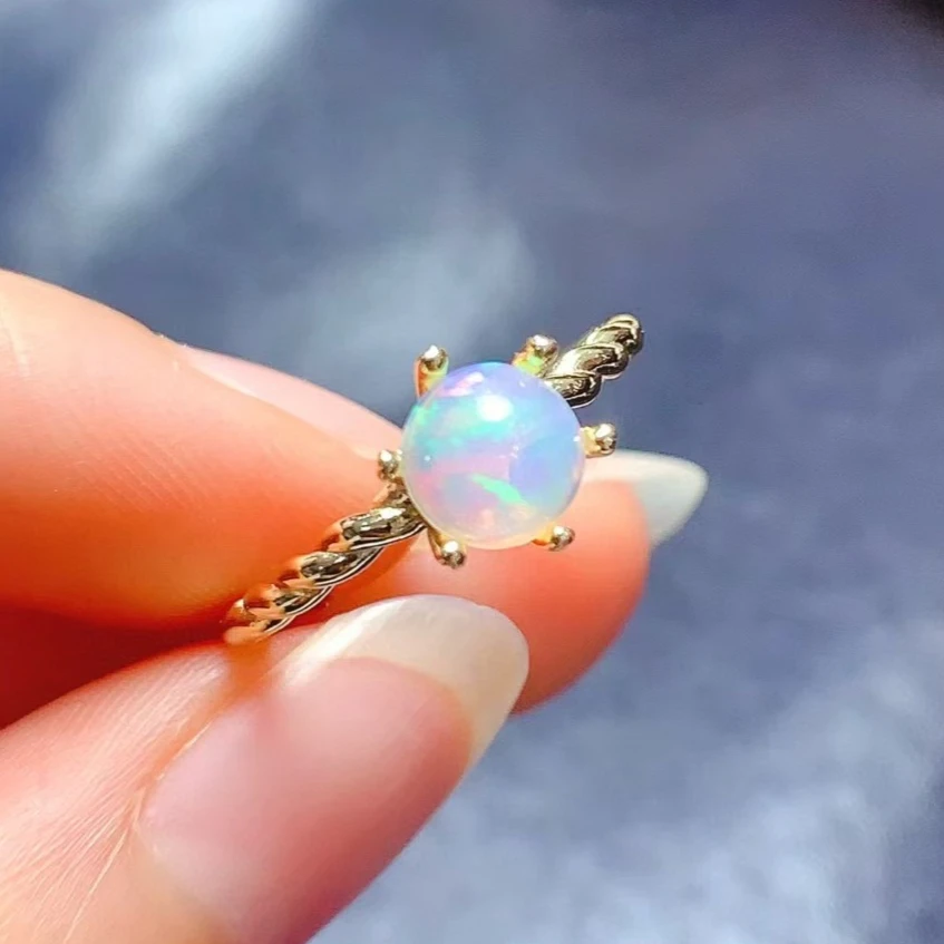 

100% Real White Opal Ring for Office Women 6mm Natural Opal Silver Ring 925 Silver Gemstone Jewelry with 18K Gold Plating