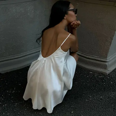 Spets Spaghettiband Damklänning Satin Chic Ärmlös V-ringning Oregelbunden Fåll Axelklänningar 2025 Nya Dam Allt Mycket Fest Vestidos 10 best sales vita spetsklänningar - №4