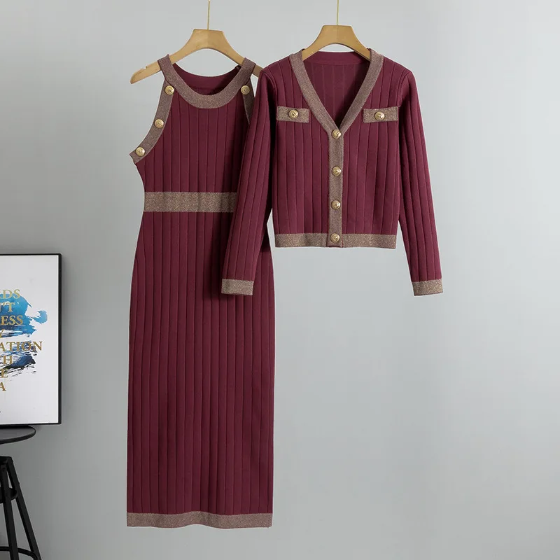 Maglione cardigan da donna + abito lungo in maglia Abiti da 2 pezzi 2025 Set di abiti senza maniche con cappotto in maglione francese a maniche lunghe autunno inverno