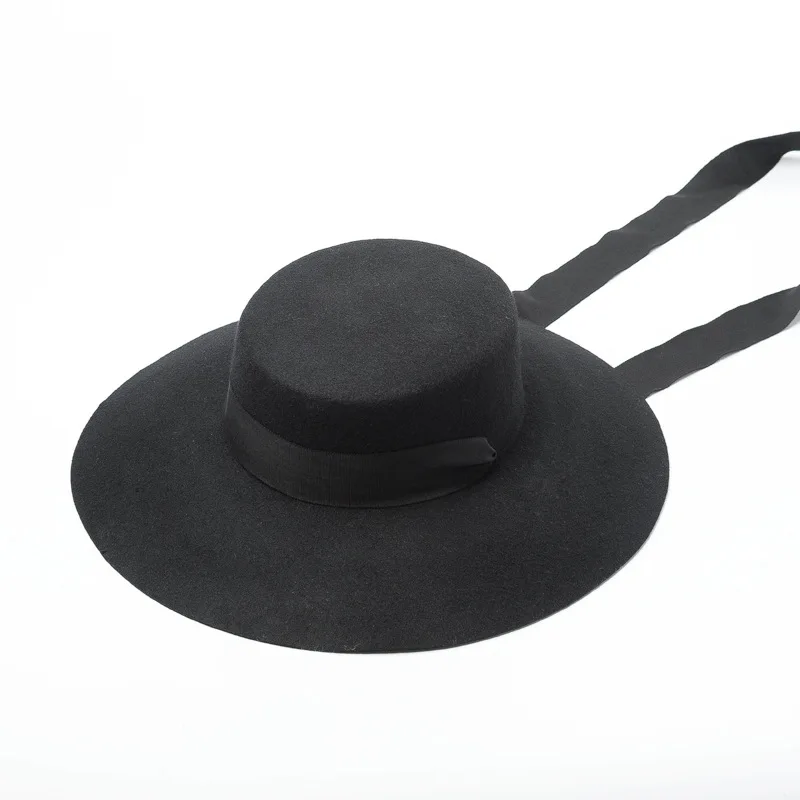 Autumn Winter New Wool Lace-up Wide Brim Flat Top Hat Women's Fashion Show Concave Shape Wide Brim Hat Hot Sale