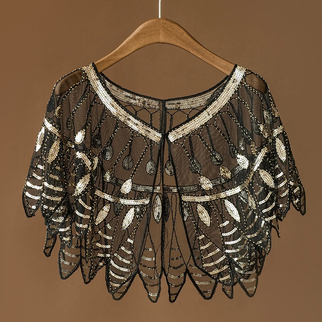 1920s Retro Leaf Beaded Sequin Flapper Shawl Loose Decoration Outerwear Short Cape Evening Party Ladies Cloak Shawl Black