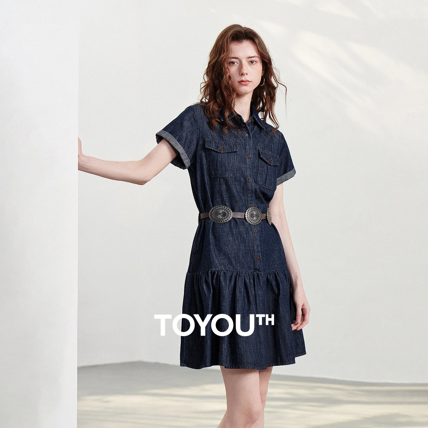 

TOYOUTH Women Denim Dress 2026 Summer New Turn Down Collar Cotton Linen A Line Patchwork Denim Shirt Dress