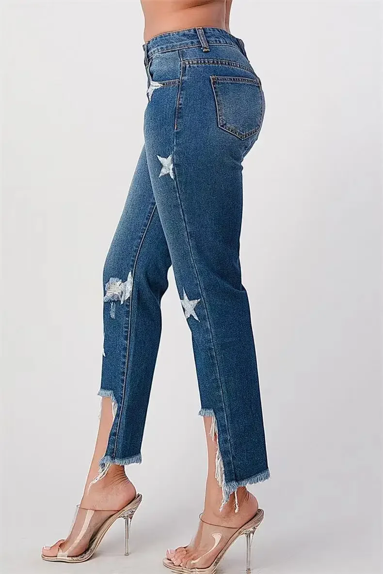 

New Star-printed Washed Seven-inch Jeans. Women's Spring and Summer Fashionable and Temperament Mid-waist Straight-leg Jeans