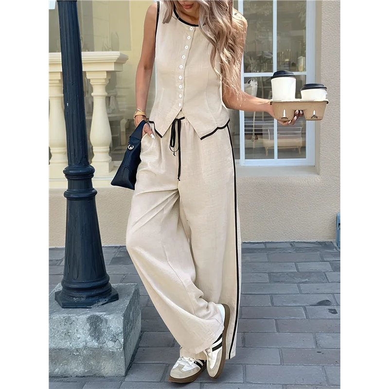 

ASDS-Women's Two-Piece Contrast Color Sleeveless Single-Breasted Vest And Drawstring Pants Set