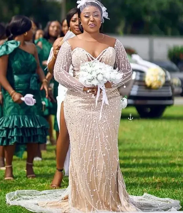 Customized Plus Size Arabic Champagne Sparkly Mermaid Wedding Gowns Beaded Sequined Sheer Neck Sexy Bridal Dresses 2021