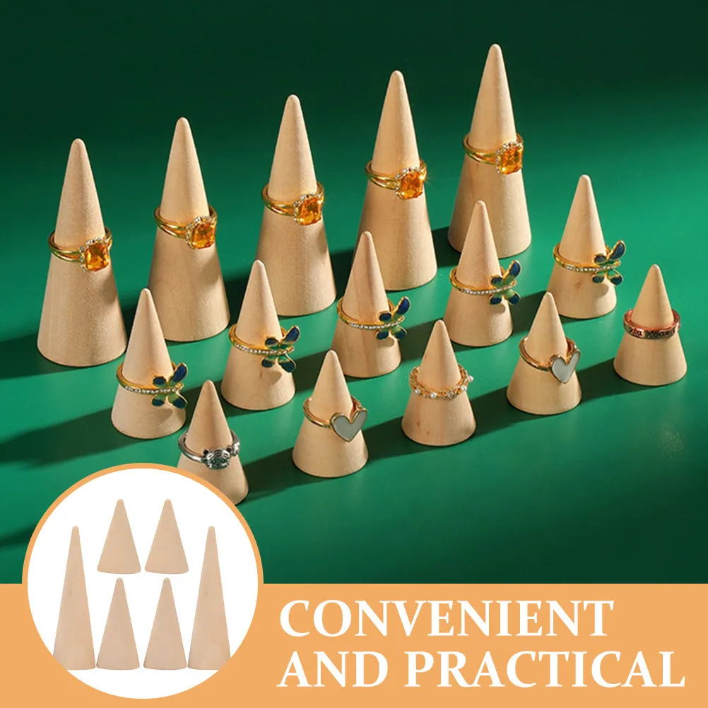 

6Pcs Ring Display Wood Cone Jewelry Stand Unfinished Wooden Ring Holder Organizer Display Tray for Store Vanity