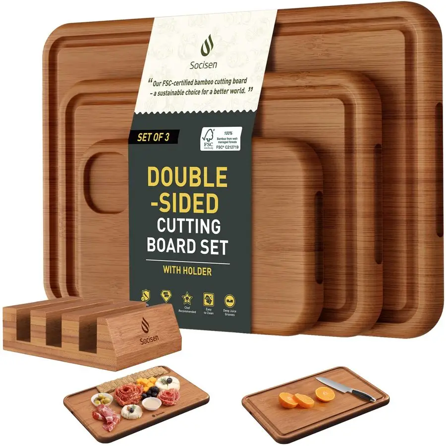 

Packs Bamboo Cutting Board Set with Holder Nice Solid Thick Wood Deep Juice Groove amp Builtin Handles Chopping Board Large Big